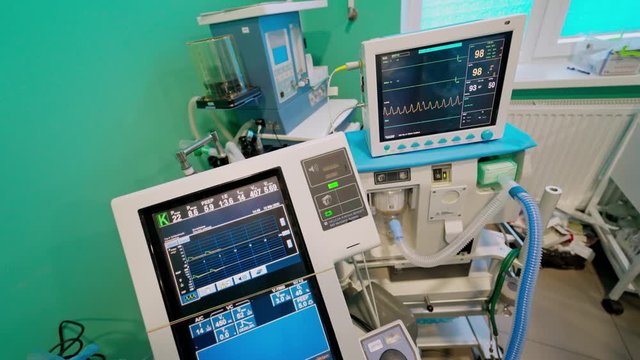 New hospital equipment in the intensive care unit. ICU medical monitor showing patient's condition. Modern equipment in the reanimation room.