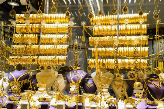 Istanbul, Turkish, 20.12.2019: Gold accessories shop in Grand Bazaar