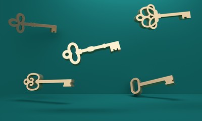 Turquoise abstract background with golden flying keys. 3d rendering