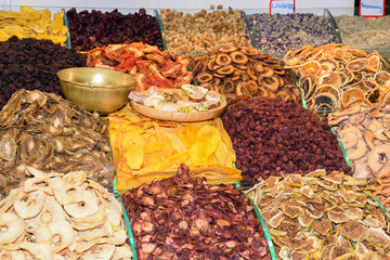 Counter with various dried fruits on the Grand Bazaar in Istanbul, Turkey