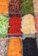 Counter with various dried fruits on the Grand Bazaar in Istanbul, Turkey