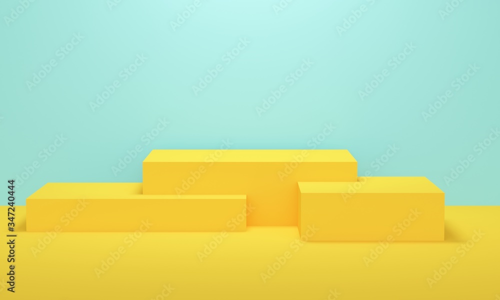 Poster rectangular different height podium on a blue background. 3d rendering