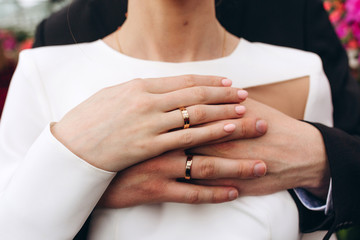 Hands of the bride and groom. Bride and groom holding hands at a wedding ceremony. Wedding rings on the hands of the newlyweds.