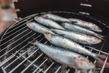 Fresh raw Sardines prepared for the Grill. Grilled Sardines On Hot Coal. Healthy food concept....