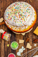 Easter cake decoration. Icing-sugar, topping, edible beads