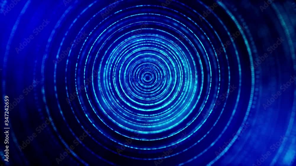 Poster 4k seamless looped science-fiction blue background with radial structures, particles oscillate and m