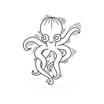 Outline underwater animal isolated on white. Octopus. Sketch hand drawing art line. Coloring page book. Outline sea life. Vector stock illustration