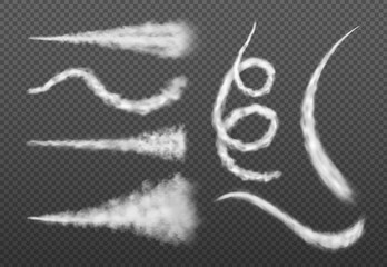 Airplane smoke. Jet or air transports isolated steam swirl. Vector illustration rocket condensation trails vector effect on transparent background © SpicyTruffel