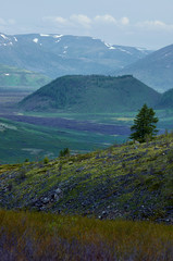 Volcanic valley. Crater of an extinct volcano.