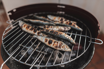 Freshly grilled sardines on a barbecue. Grilled food. Grilled Sardines On Hot Coal. Healthy food concept. Mediterranean cuisine. Typical dishes of the Spanish and Portuguese coasts.