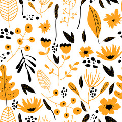 Floral Doodle Colorful Vector Seamless Pattern with Leaves and Flowers