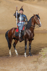 A young adult man in knightly armor rides a horse on a river along a sandy shore