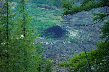 Volcanic valley. Crater of an extinct volcano.