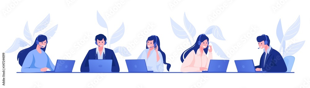 Poster call center. customer support and information service concept with cartoon office people, operators 