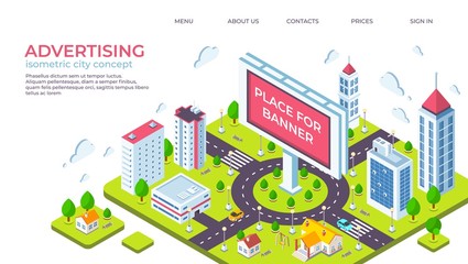 Isometric city billboard. Landing page with 3D city landscape and advertising banner. Vector illustration outdoor ads concept or website page for obtaining building permission