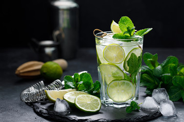 Refreshing summer alcoholic cocktail mojito with ice, fresh mint and lime