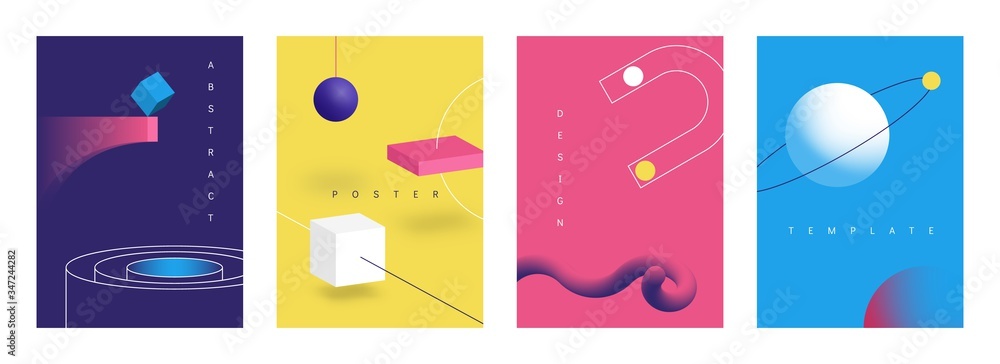 Poster geometric 3d posters. abstract retro futuristic banners with bright geometry art objects, brochure c
