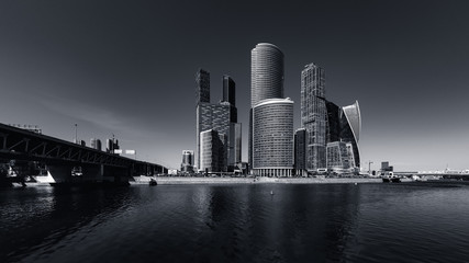 Fototapeta na wymiar Moscow-City downtown skyscrapers panoramic view from the riverside, Russia. Moscow cityscape.BW