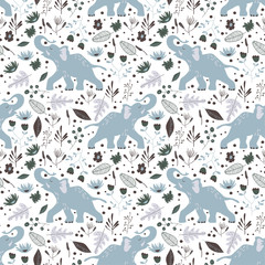 Elephant with Trunk and Tusks Among Foliage Vector Seamless Pattern