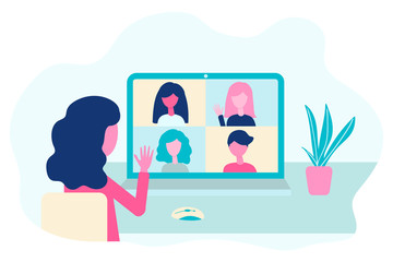 Video conference. People group on computer screen talking, virtual meeting. Online communication vector concept in flat design.