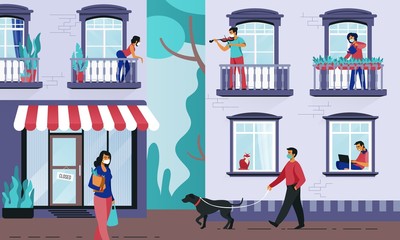 People in windows. Persons on quarantine at their apartments, people on streets in medical masks preventing coronavirus. Vector colored illustration neighbors staying at home