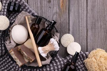 Zero waste eco friendly bathroom accessories on wooden background