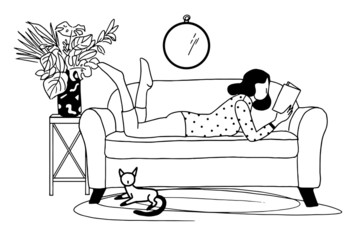 Girl in a modern apartment. Woman reading book on sofa. Interior illustration with cat.