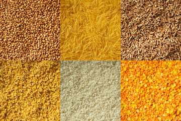 Background of groceries: buckwheat, vermicelli pasta, spelt porridge, bulgur, rice, lentils