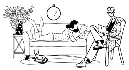 Couple in apartment. Girl and boy relaxing at home. Modern interior vector illustration.