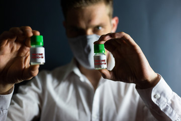 Coronavirus vaccine and masked man, COVID-19

