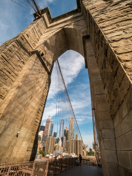 Close Up View of Brooklyn Bridge Tower With Manhathan in the background