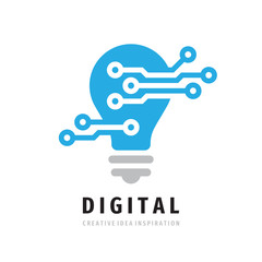 Digital lightbulb logo design. Concept icon vector illustration in flat style. Creative idea inspiration symbol. Electric lamp creative sign. Electronic technology business logo.