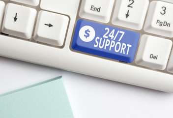 Writing note showing 24 Or 7 Support. Business concept for Giving assistance to service whole day and night No downtime