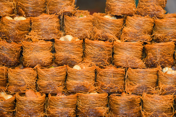 Traditional baklava sweet dessert delights, cataif pastry. Fresh Food Buffet Brunch