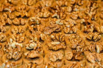 Traditional baklava sweet dessert delights, cataif pastry. Fresh Food Buffet Brunch