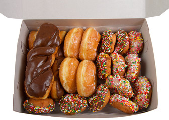 Large box with various donuts. Cake with sprinkles, glazed and chocolate covered twists, and basic...