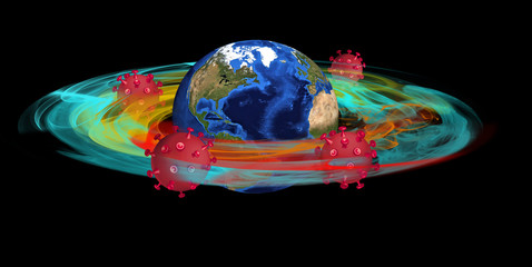 stylized image of the planet earth and stylized caronovirus on a black background