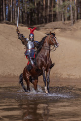 A young adult man in knightly armor rides a horse on a river along a sandy shore