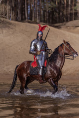A young adult man in knightly armor rides a horse on a river along a sandy shore