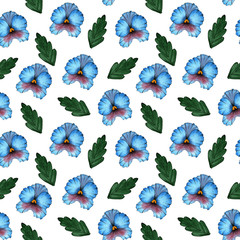 Fototapeta na wymiar Watercolor seamless herbal pattern with blue pansies and leaves on whitebackground. Hand made pattern for wallpaper, textile, printing, billboard, background, wrapping paper.