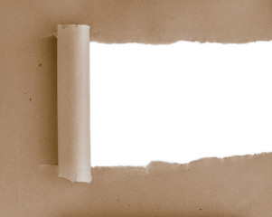 Ripped brown cardboard with space for text. Torn paper roll with opening showing white background