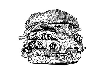 Graphical hand-drawn burger isolated on white background, vector illustration, fast food