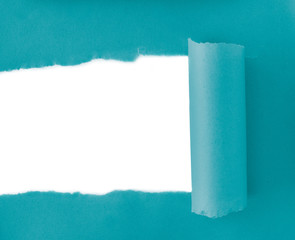 Ripped blue cardboard with space for text. Torn paper roll with opening showing white background