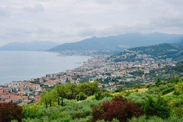 Panoramic view of a Mediterranean bay from Borgio Verezzi, Liguria, Italy