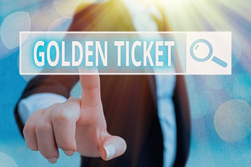 Writing note showing Golden Ticket. Business concept for Rain Check Access VIP Passport Box Office...