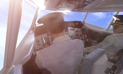 pilots inside the cabin of a passenger plane render 3D
