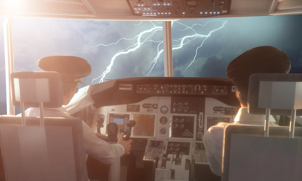  cabin of a passenger plane during a thunderstorm render 3D
