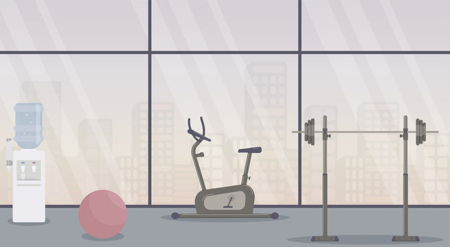 Gym Without People During The Virus Epidemic Against The Backdrop Of The Urban Landscape In The Large Windows.Training Equipment: An Exercise Bike, A Barbell, A Water Cooler And A Fitness Ball.Vector