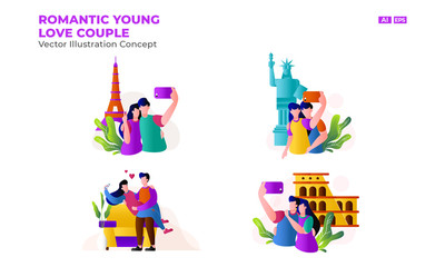 Romantic Young Love Couple. vector characters. the couple took a selfie to the eiffel tower, liberty, coliseum