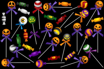 Different Halloween candies and lollypops set illustration on black background